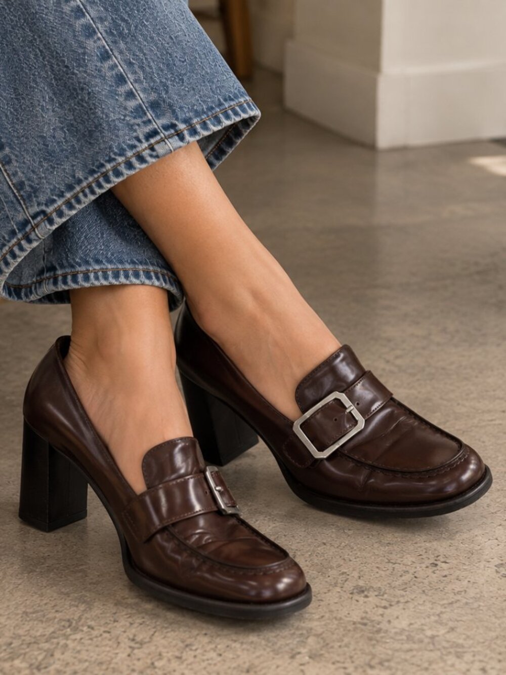 Coach Paulin Spazzolato Dark Brown Leather Heeled Loafers Size 5.5 NIB
